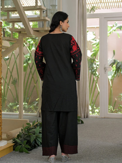 Black Pure Cotton Embroidered Kurta with Farsi Salwar & Dupatta Set – Festive Wear