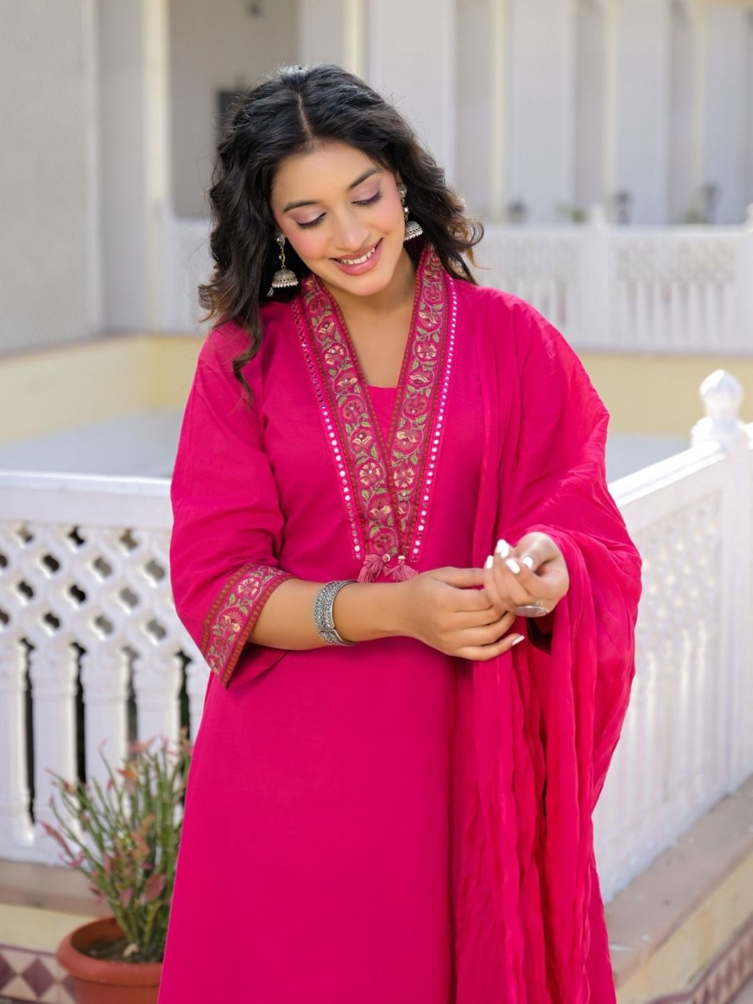 Rani Pink Premium Cotton Kurta Set with Handworked Embroidered Neckline