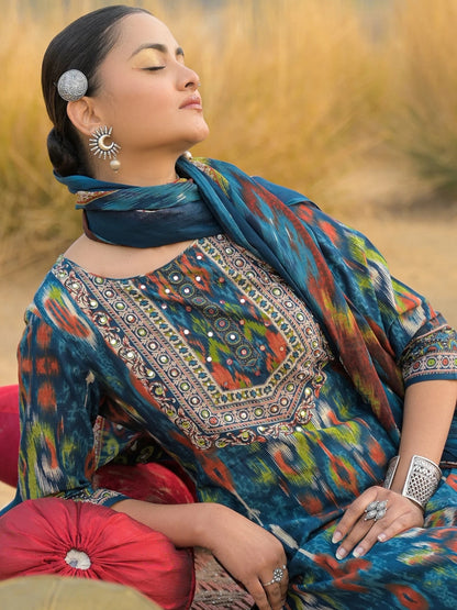 Teal Blue Cotton Kurta Set with Ikat Print & Embroidered Neckline