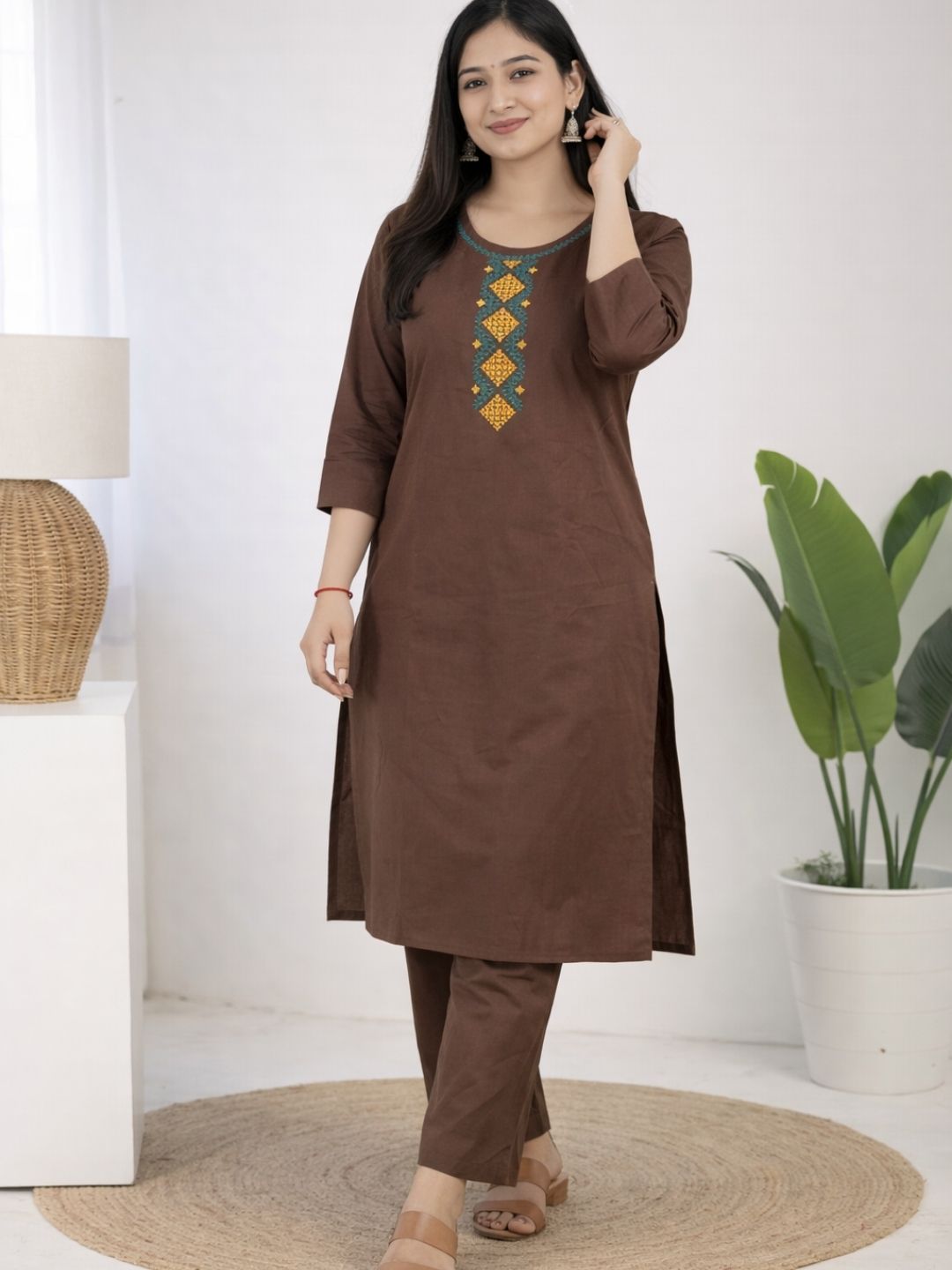 Chocolate Brown Bombay Flex Cotton Straight Kurta Set with Embroidered Yoke