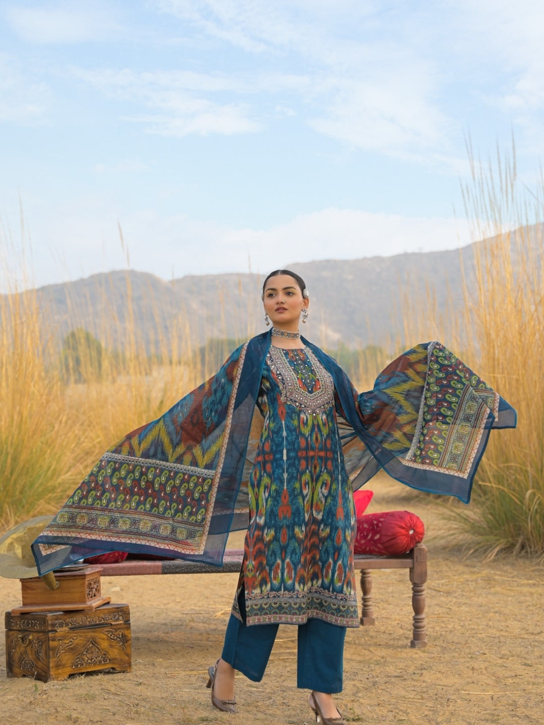 Teal Blue Cotton Kurta Set with Ikat Print & Embroidered Neckline
