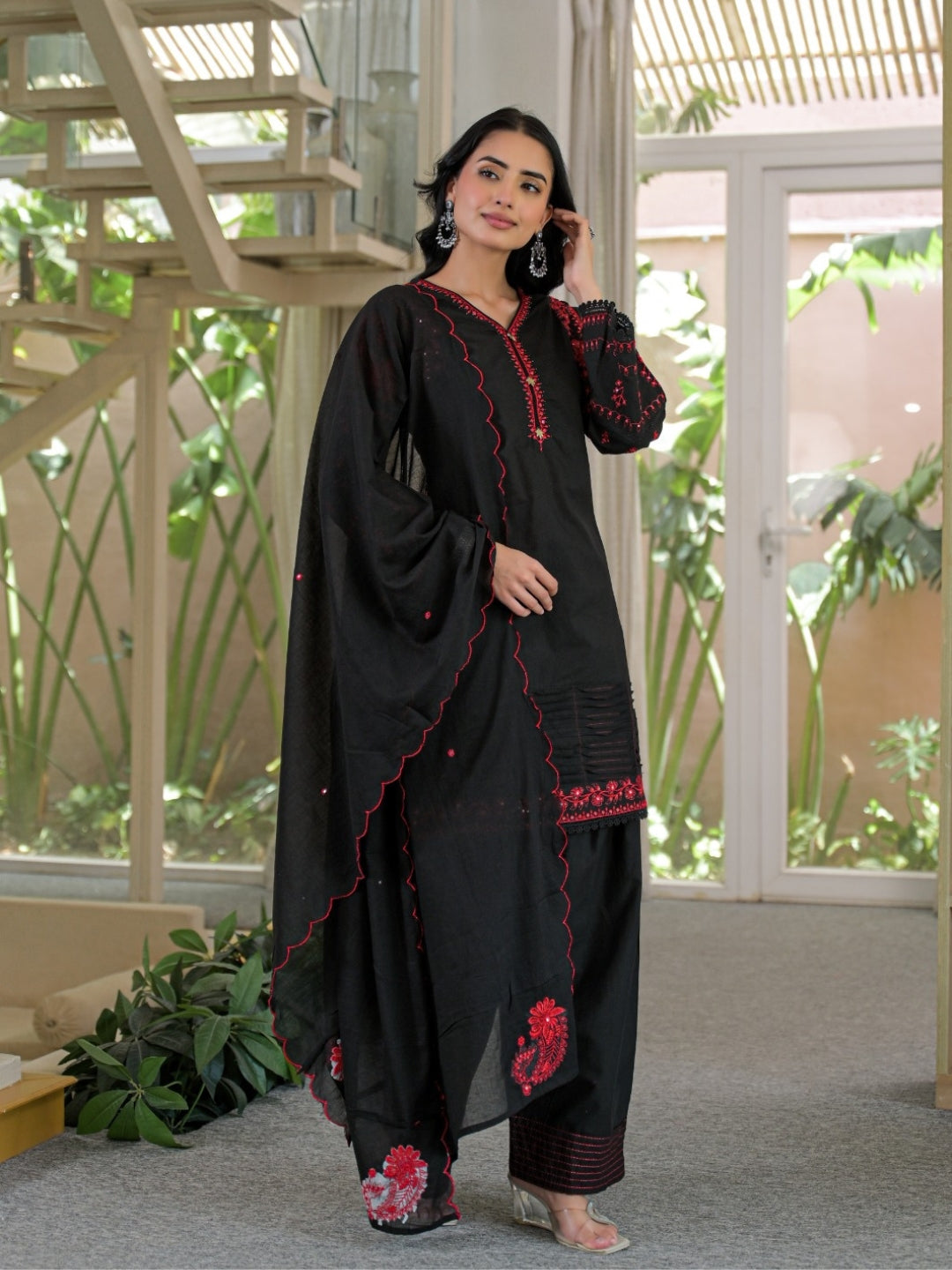 Black Pure Cotton Embroidered Kurta with Farsi Salwar & Dupatta Set – Festive Wear