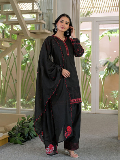 Black Pure Cotton Embroidered Kurta with Farsi Salwar & Dupatta Set – Festive Wear