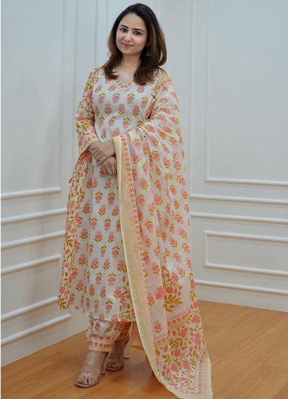 Cream Peach Cotton Afghani Suit Set with Floral Print – Ethnic Wear