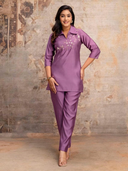 Mauve Purple Roman Silk Kurta Pant Set with Handcrafted Floral Embroidery