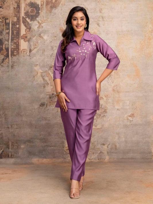 Mauve Purple Roman Silk Kurta Pant Set with Handcrafted Floral Embroidery