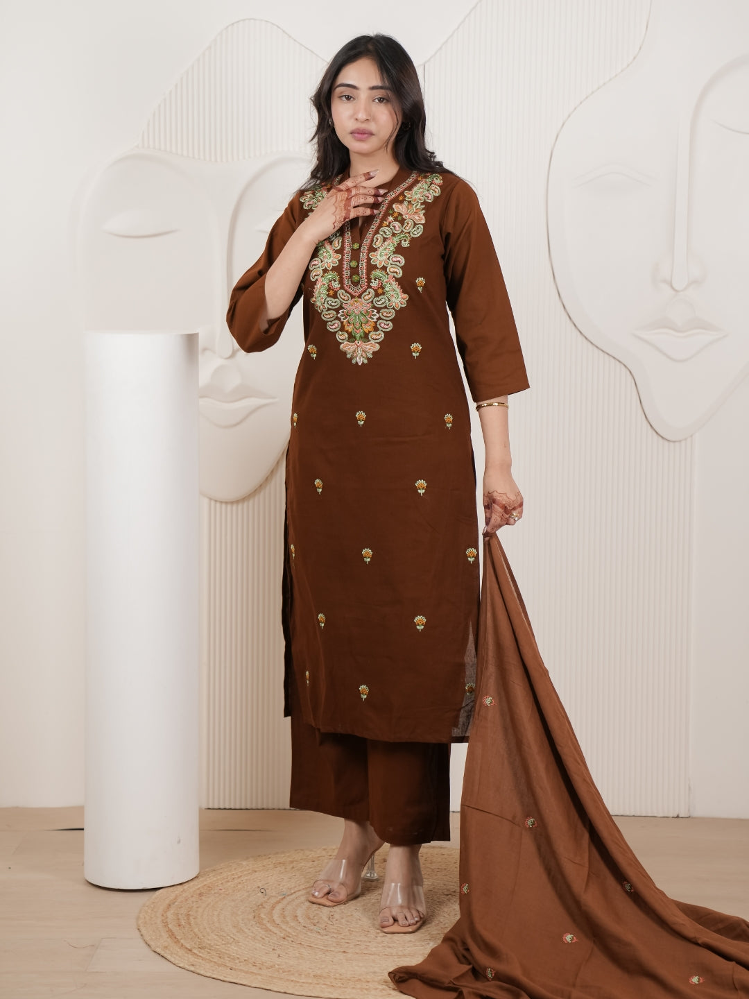 Brown Embroidered Cotton Flex Kurta Palazzo Set with Dupatta