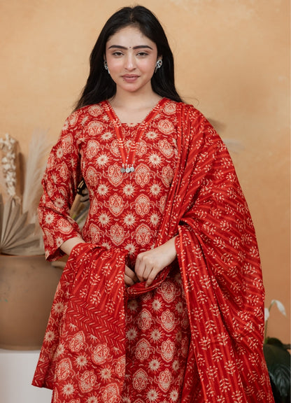 Rust Red Jaipuri Cotton A-Line Suit Set – Daily & Festive Wear