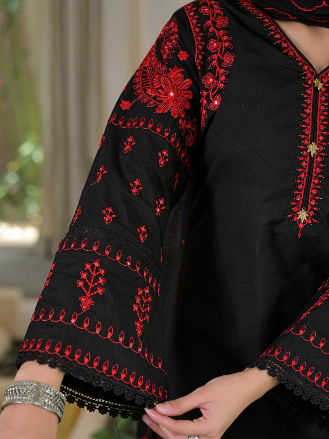 Black Pure Cotton Embroidered Kurta with Farsi Salwar & Dupatta Set – Festive Wear