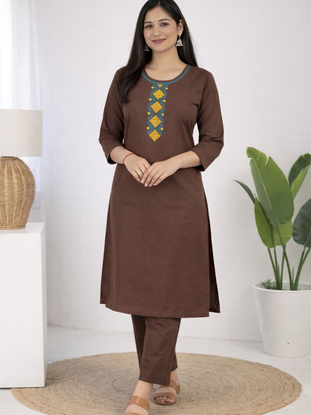 Chocolate Brown Bombay Flex Cotton Straight Kurta Set with Embroidered Yoke