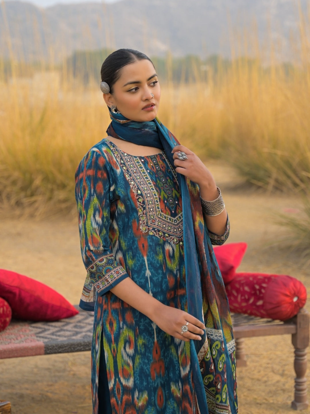Teal Blue Cotton Kurta Set with Ikat Print & Embroidered Neckline
