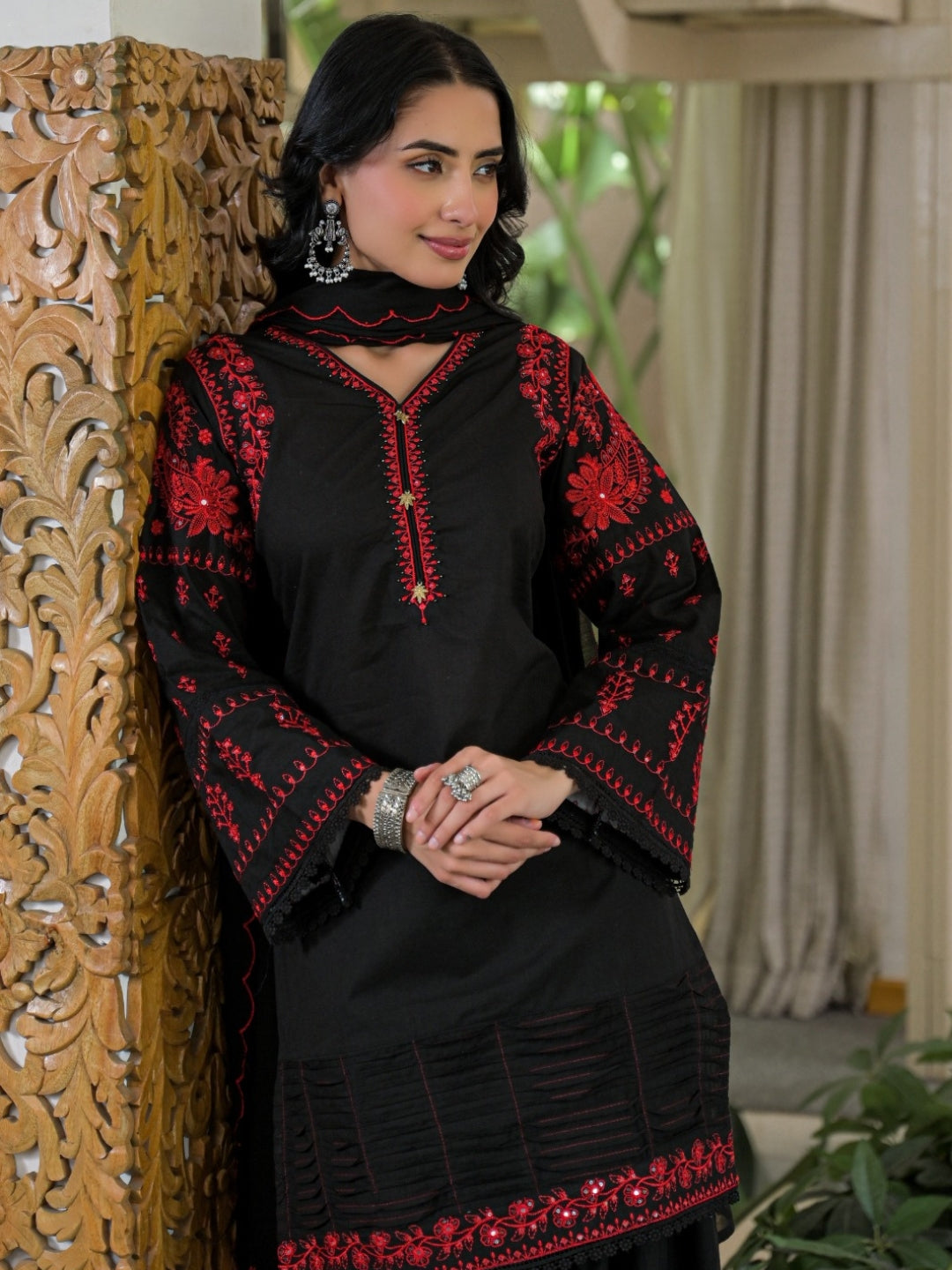 Black Pure Cotton Embroidered Kurta with Farsi Salwar & Dupatta Set – Festive Wear