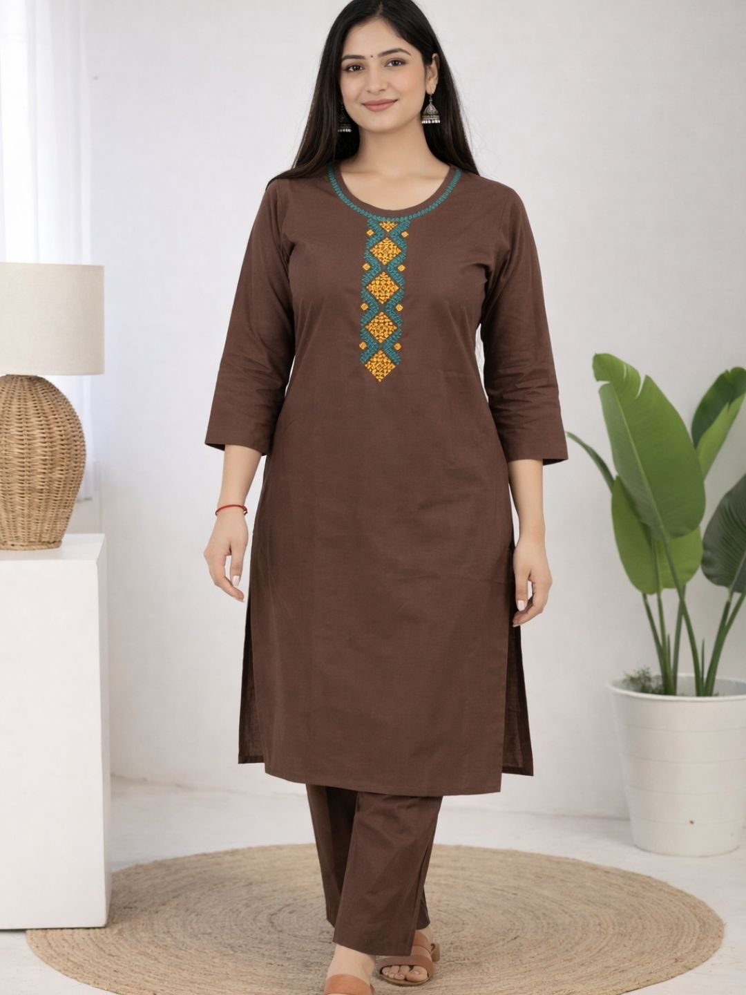 Chocolate Brown Bombay Flex Cotton Straight Kurta Set with Embroidered Yoke