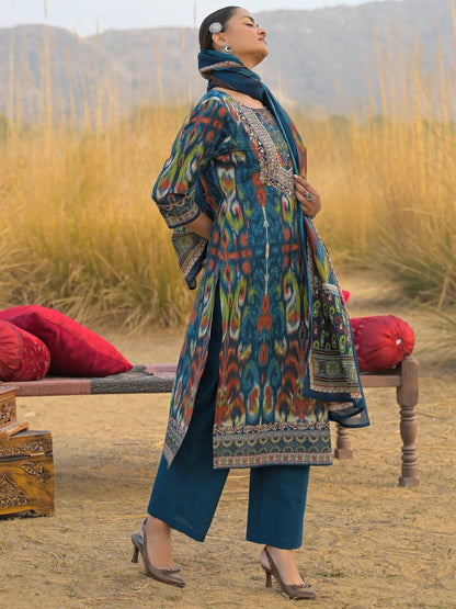 Teal Blue Cotton Kurta Set with Ikat Print & Embroidered Neckline