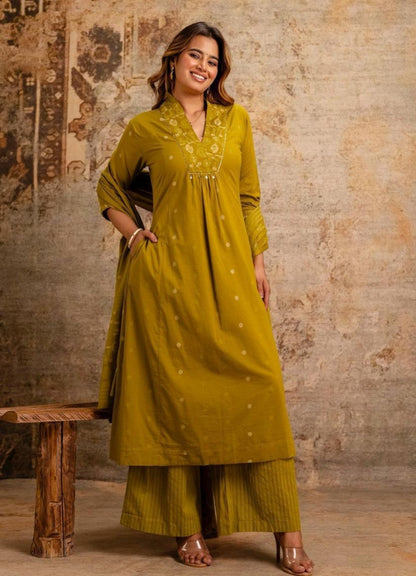 Olive Green Cotton A-Line Suit Set with Embroidery – Festive & Daily Wear