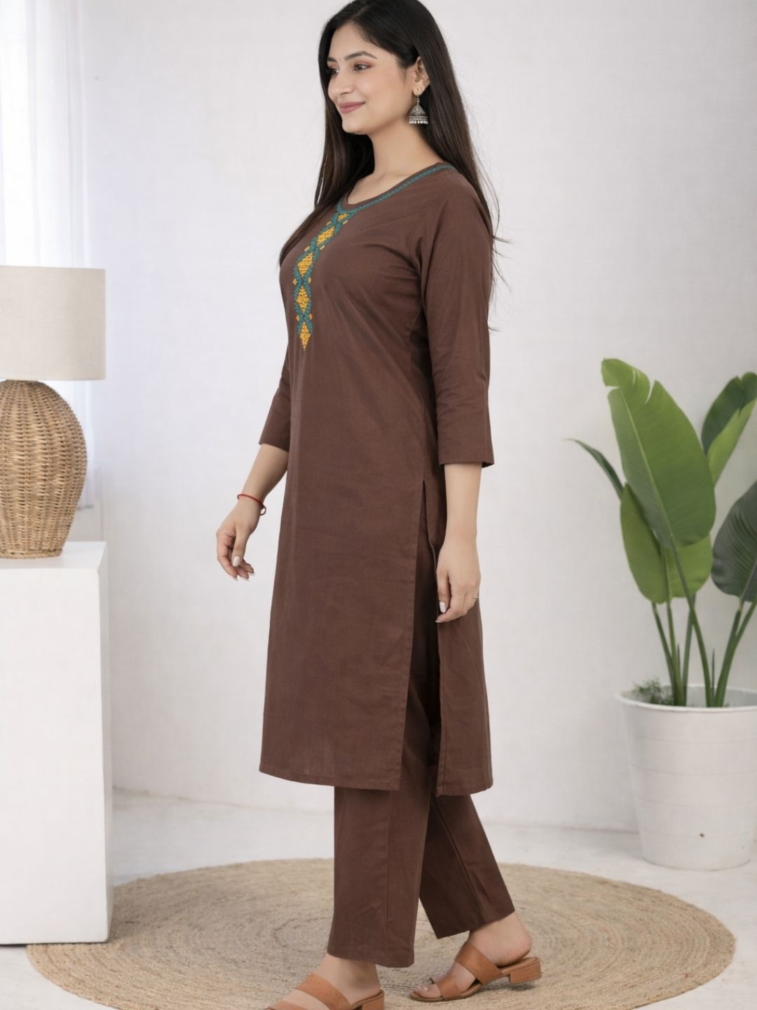 Chocolate Brown Bombay Flex Cotton Straight Kurta Set with Embroidered Yoke