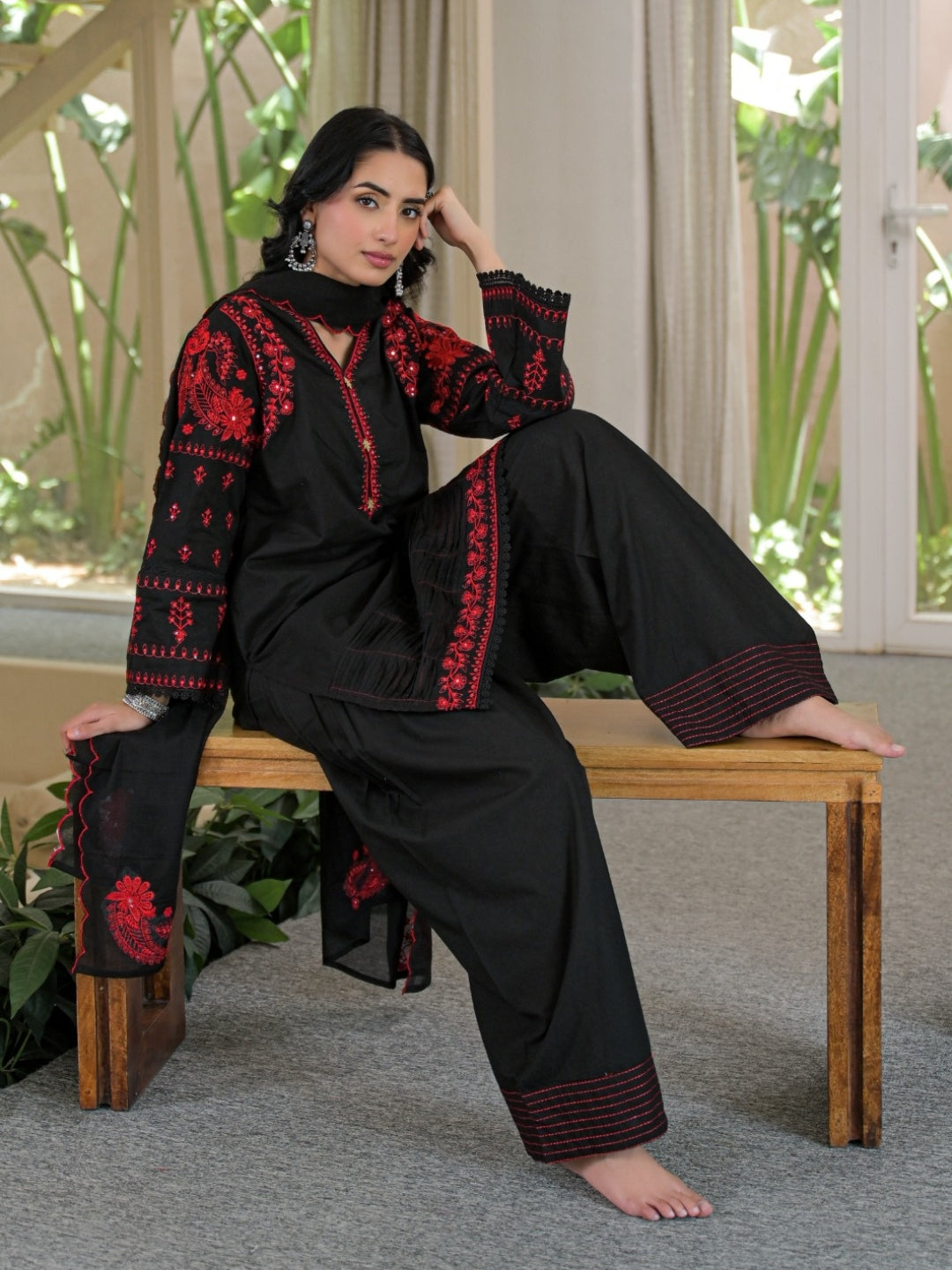 Black Pure Cotton Embroidered Kurta with Farsi Salwar & Dupatta Set – Festive Wear
