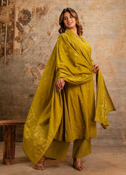 Olive Green Cotton A-Line Suit Set with Embroidery – Festive & Daily Wear