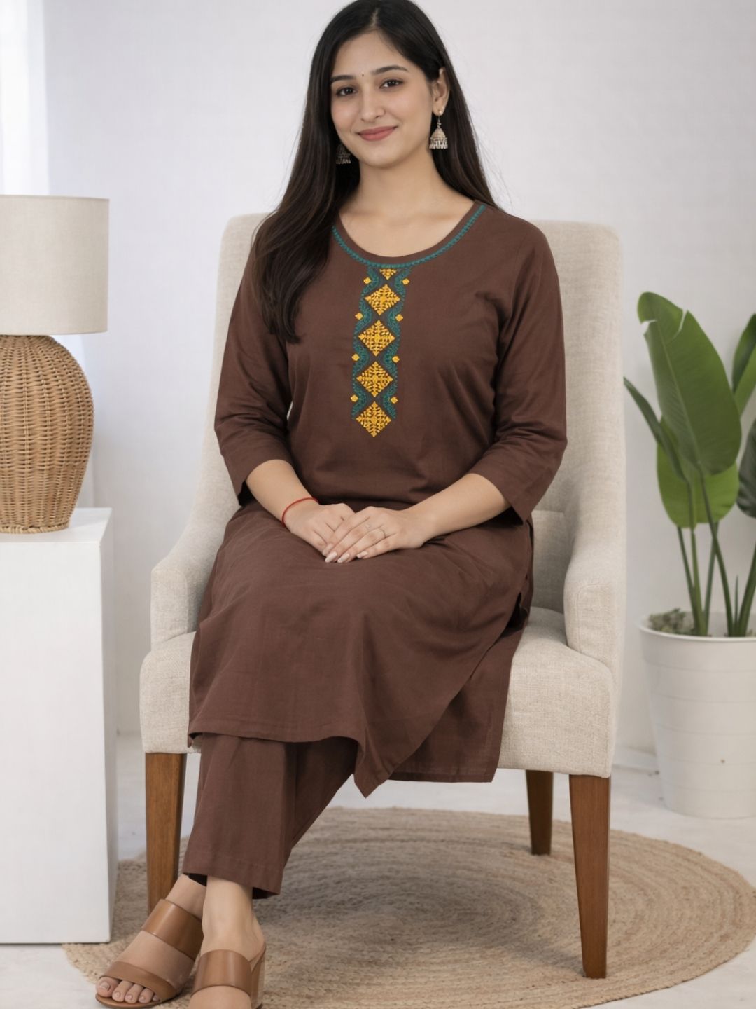 Chocolate Brown Bombay Flex Cotton Straight Kurta Set with Embroidered Yoke