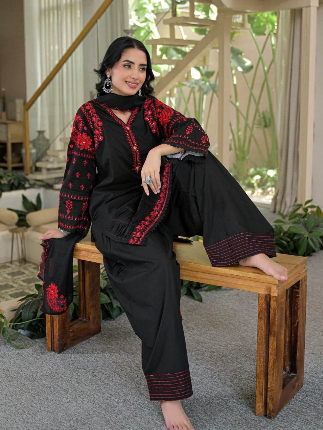 Black Pure Cotton Embroidered Kurta with Farsi Salwar & Dupatta Set – Festive Wear