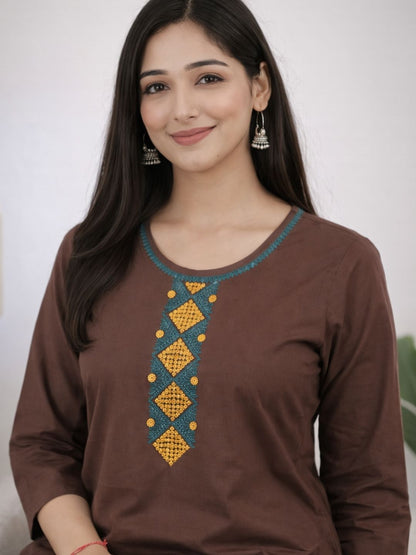 Chocolate Brown Bombay Flex Cotton Straight Kurta Set with Embroidered Yoke