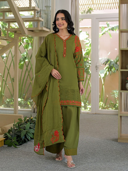 Olive Green Pure Cotton Embroidered Kurta with Farsi Salwar & Dupatta Set – Festive Wear