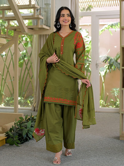 Olive Green Pure Cotton Embroidered Kurta with Farsi Salwar & Dupatta Set – Festive Wear