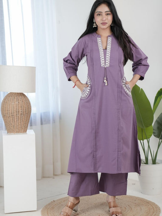 Lavender Purple Dabu Cotton A-Line Kurta Set with Handcrafted Embroidery