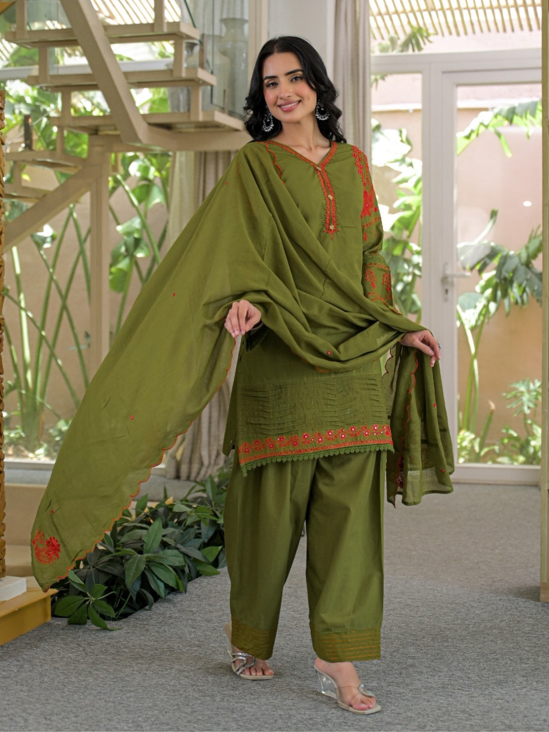 Olive Green Pure Cotton Embroidered Kurta with Farsi Salwar & Dupatta Set – Festive Wear