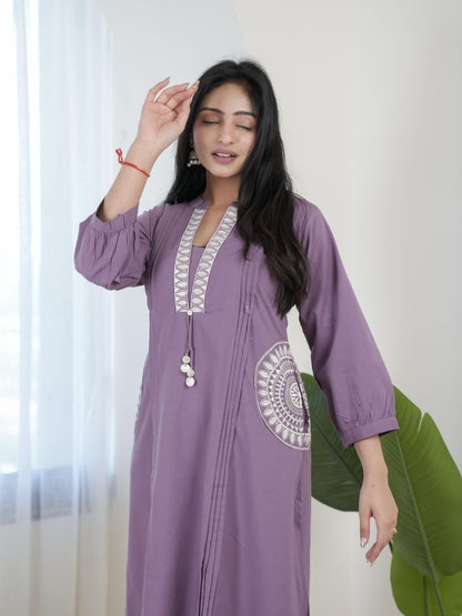 Lavender Purple Dabu Cotton A-Line Kurta Set with Handcrafted Embroidery