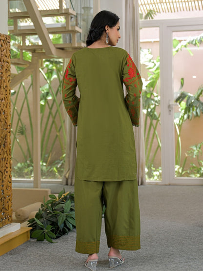 Olive Green Pure Cotton Embroidered Kurta with Farsi Salwar & Dupatta Set – Festive Wear