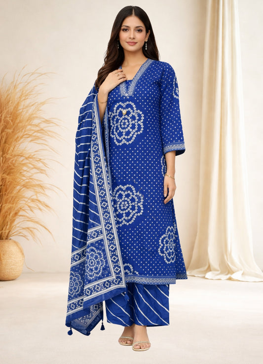 Royal Blue Cotton Bandhej Suit Set with Printed Dupatta – Ethnic Wear