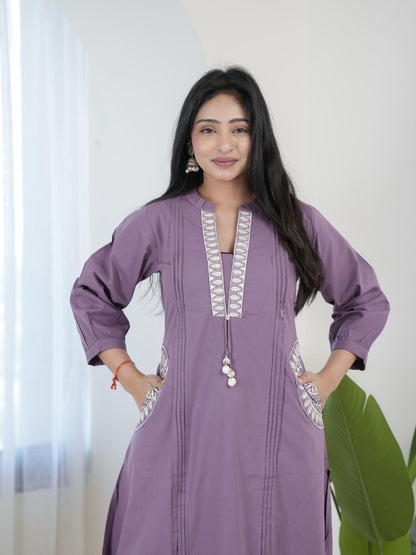 Lavender Purple Dabu Cotton A-Line Kurta Set with Handcrafted Embroidery