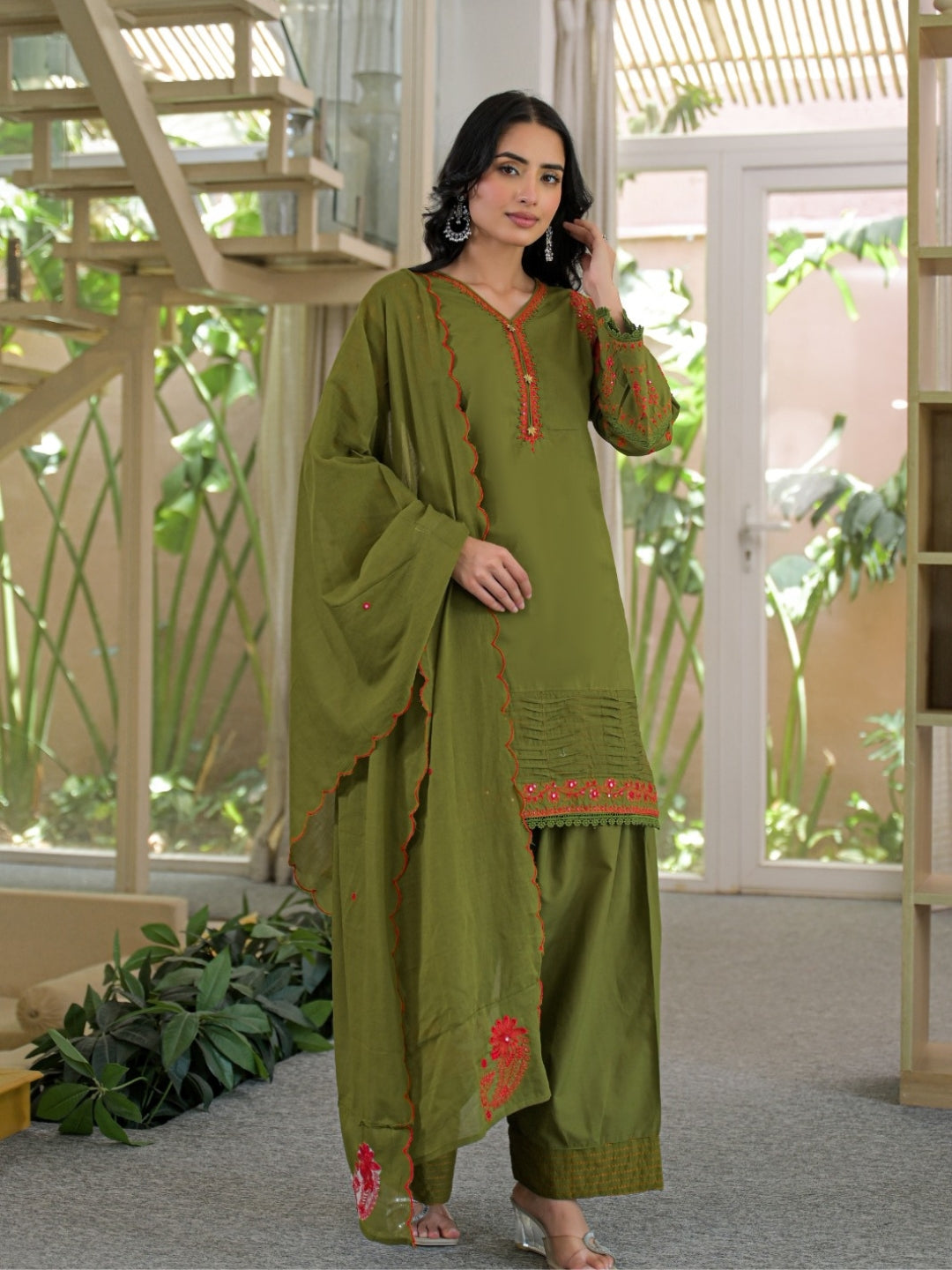 Olive Green Pure Cotton Embroidered Kurta with Farsi Salwar & Dupatta Set – Festive Wear
