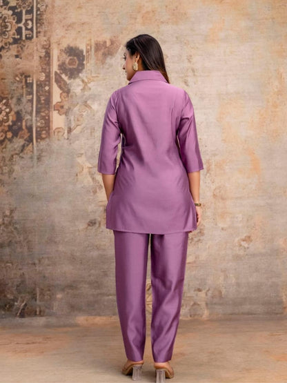 Mauve Purple Roman Silk Kurta Pant Set with Handcrafted Floral Embroidery