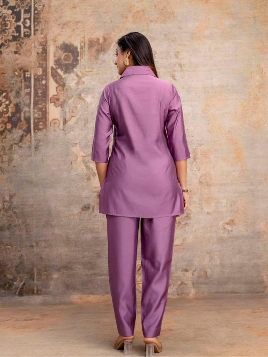 Mauve Purple Roman Silk Kurta Pant Set with Handcrafted Floral Embroidery