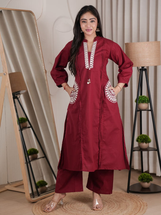 Maroon Dabu Cotton A-Line Kurta Set with Handcrafted Embroidery