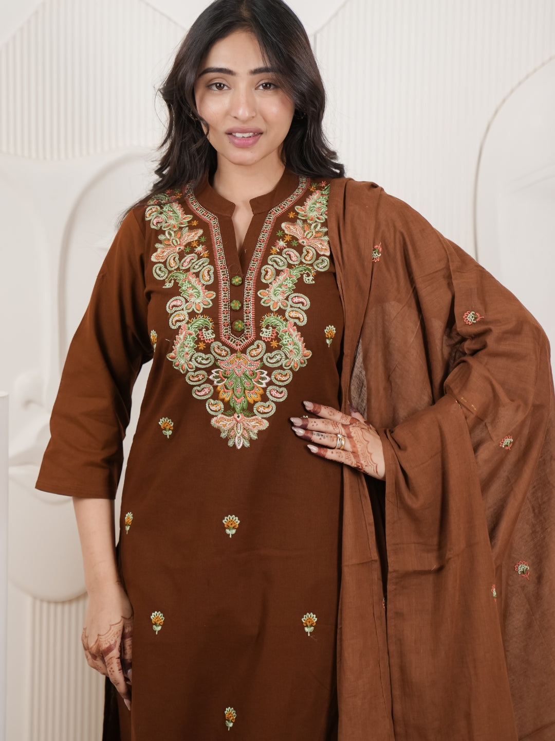 Brown Embroidered Cotton Flex Kurta Palazzo Set with Dupatta