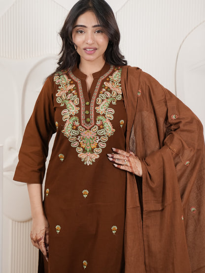 Brown Embroidered Cotton Flex Kurta Palazzo Set with Dupatta