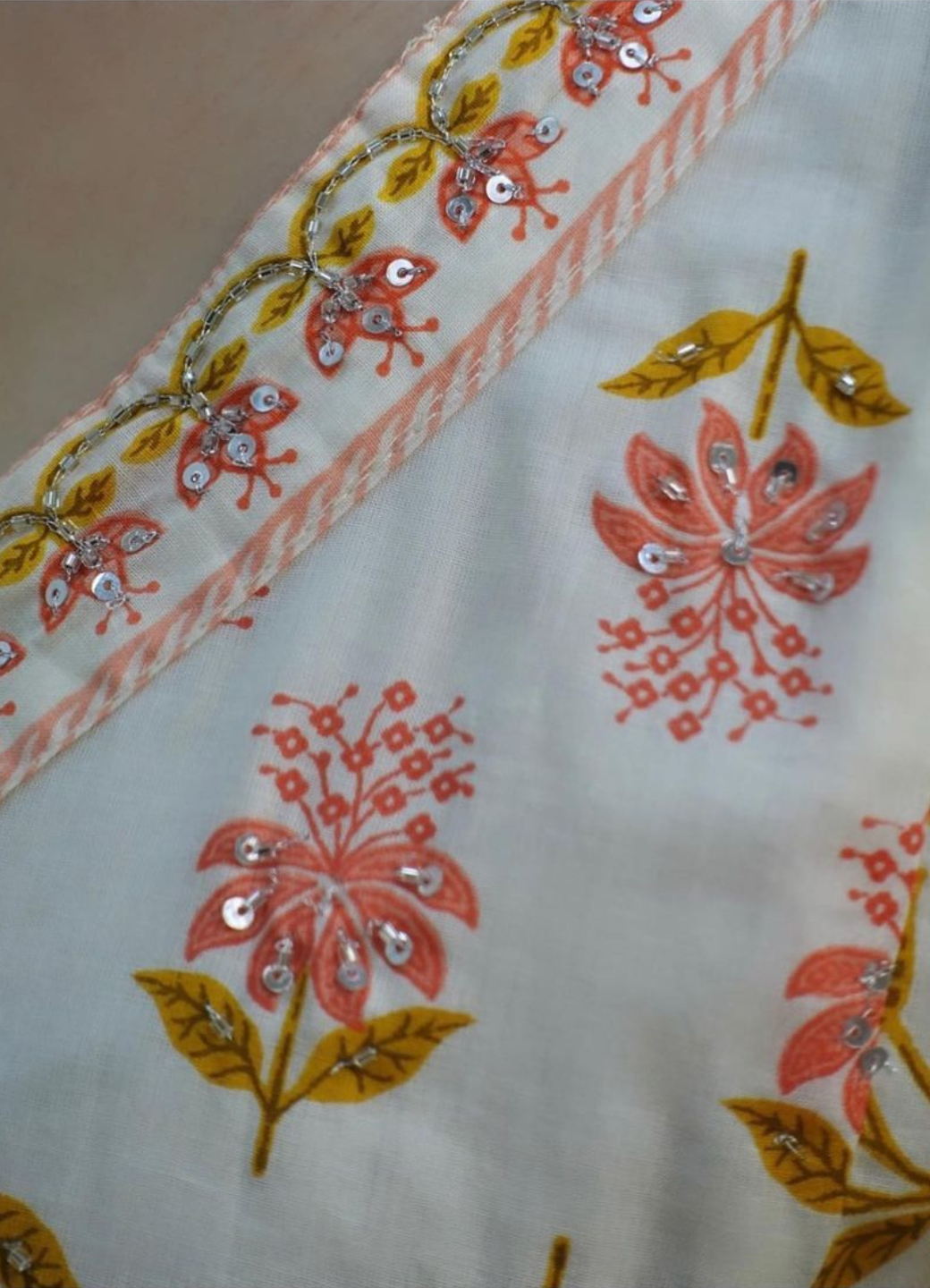 Cream Peach Cotton Afghani Suit Set with Floral Print – Ethnic Wear