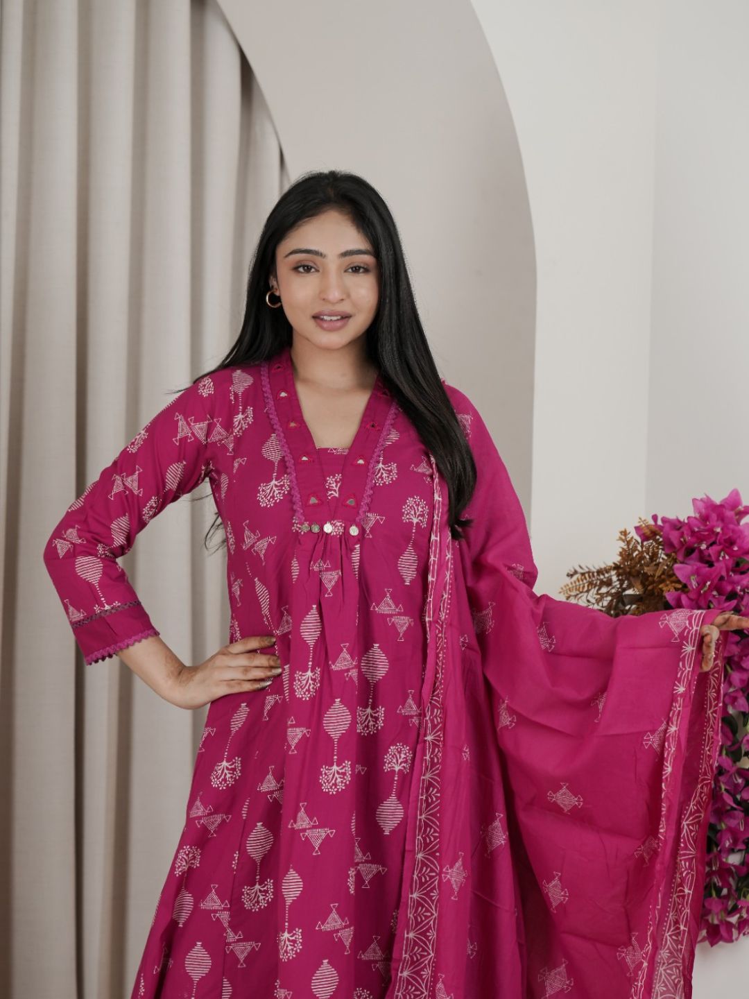 Rani Pink Jaipuri Cotton  A-Line Kurta Set with Ethnic Print