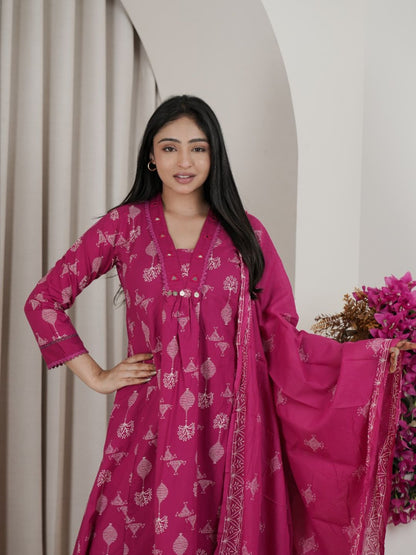 Rani Pink Jaipuri Cotton  A-Line Kurta Set with Ethnic Print