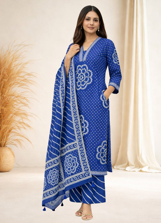 Royal Blue Cotton Bandhej Suit Set with Printed Dupatta – Ethnic Wear