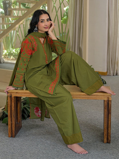 Olive Green Pure Cotton Embroidered Kurta with Farsi Salwar & Dupatta Set – Festive Wear
