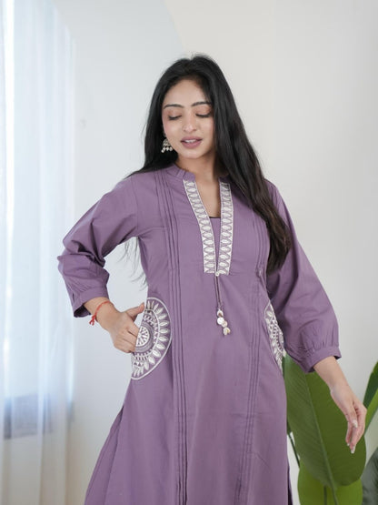 Lavender Purple Dabu Cotton A-Line Kurta Set with Handcrafted Embroidery