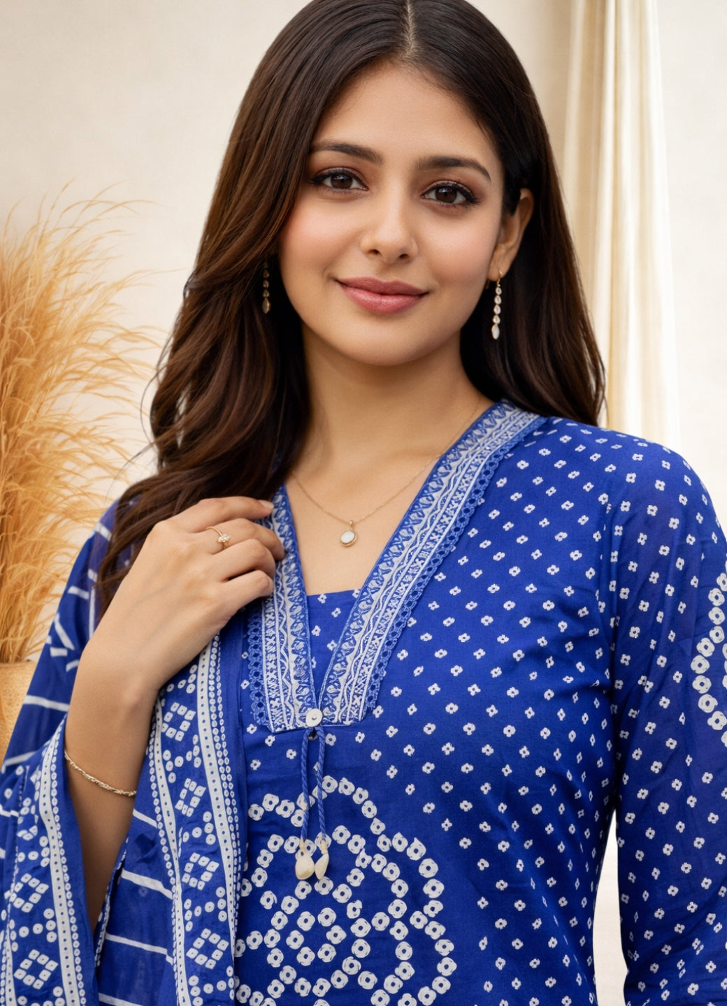 Royal Blue Cotton Bandhej Suit Set with Printed Dupatta – Ethnic Wear