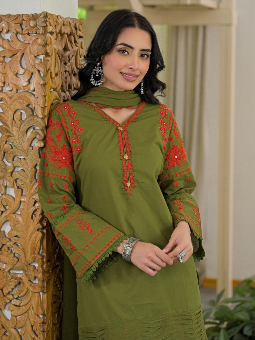 Olive Green Pure Cotton Embroidered Kurta with Farsi Salwar & Dupatta Set – Festive Wear