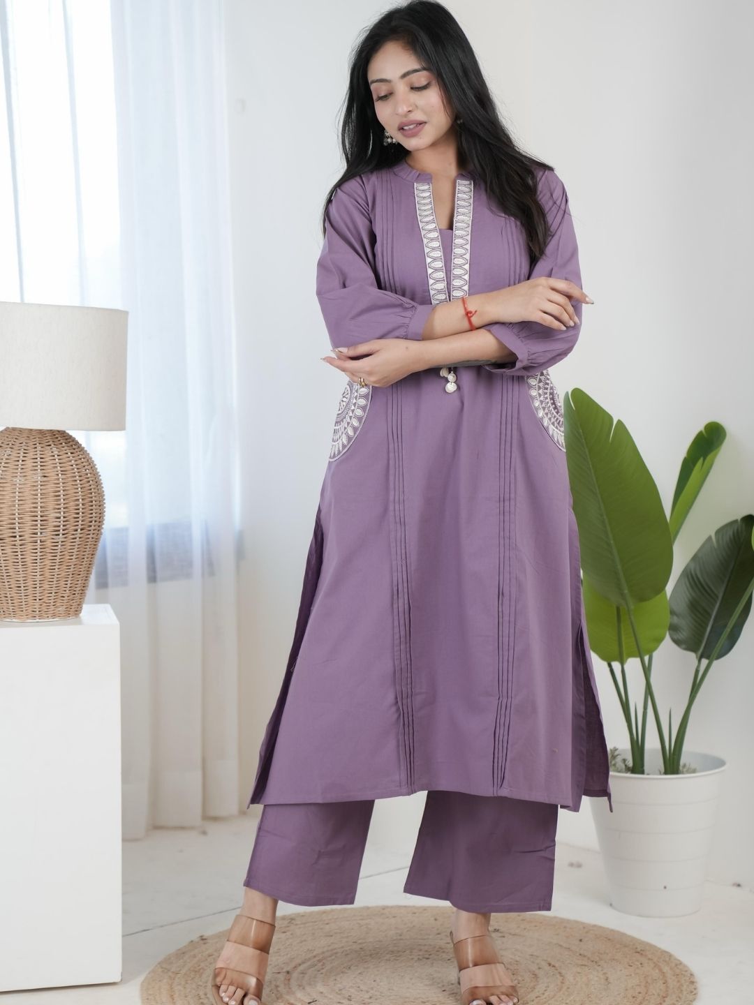 Lavender Purple Dabu Cotton A-Line Kurta Set with Handcrafted Embroidery
