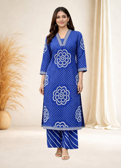 Royal Blue Cotton Bandhej Suit Set with Printed Dupatta – Ethnic Wear