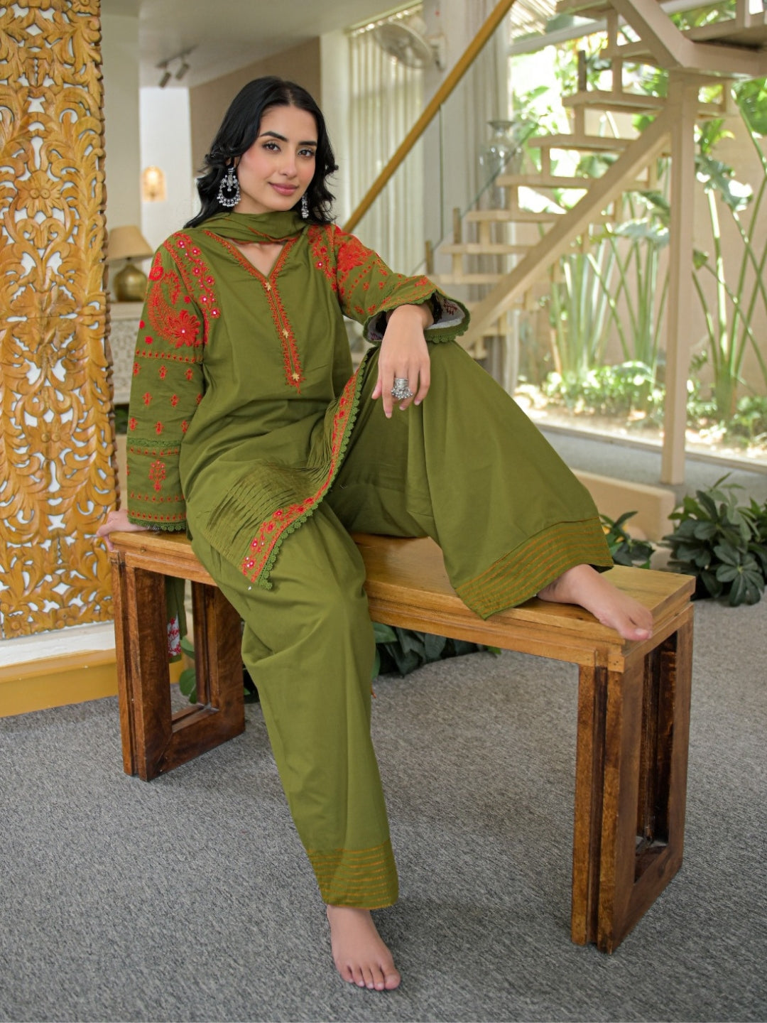 Olive Green Pure Cotton Embroidered Kurta with Farsi Salwar & Dupatta Set – Festive Wear